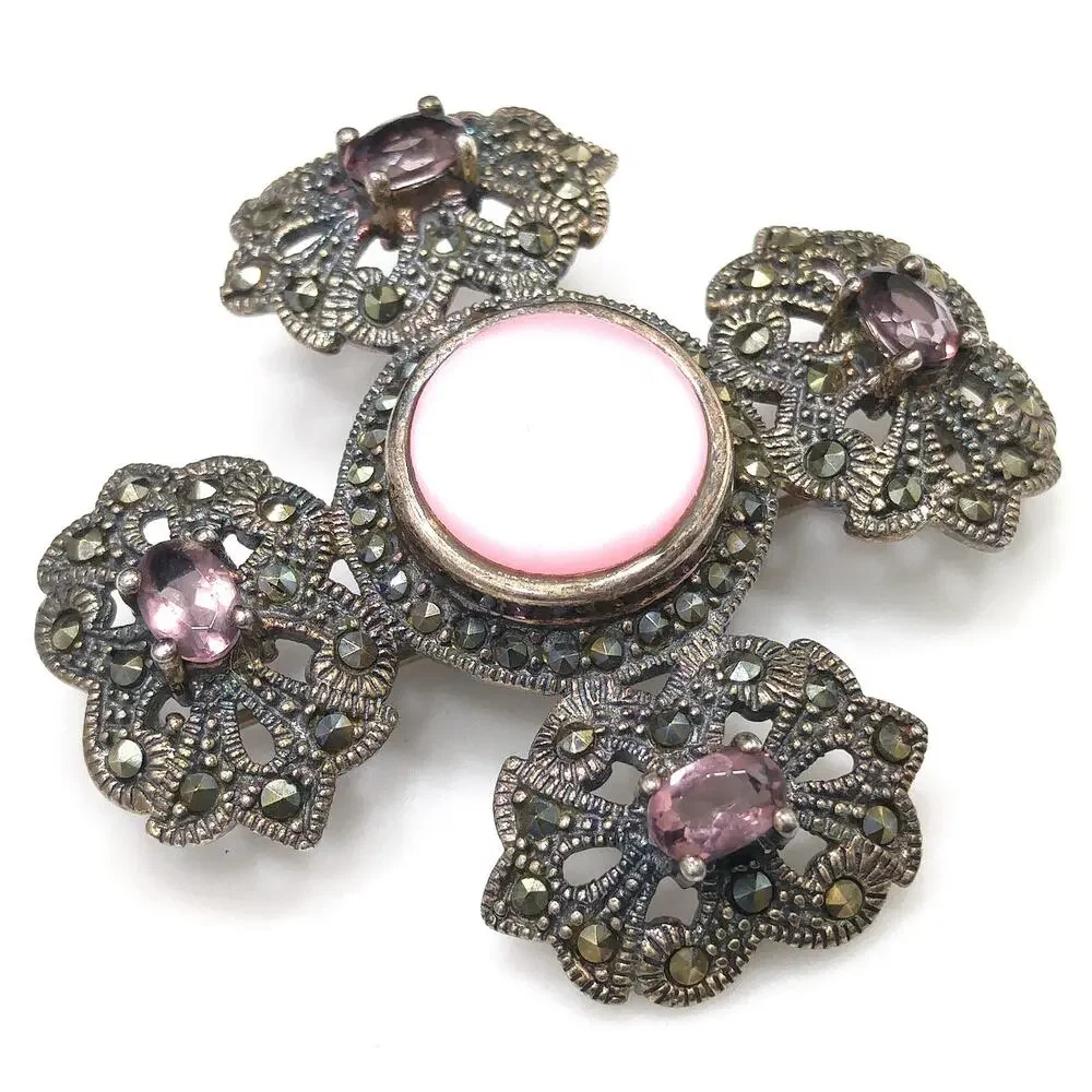 Sterling Marcasite Pink Shell Brooch, 925 NE, Purple Glass, 1950s Vintage